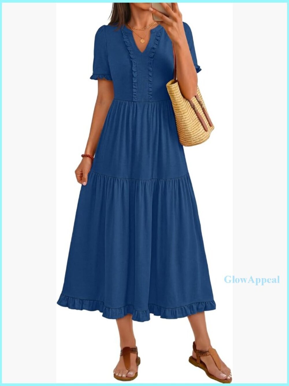 Summer Casual Midi Dress V-Neck Short Sleeve A-Line Flowy Tiered Pockets